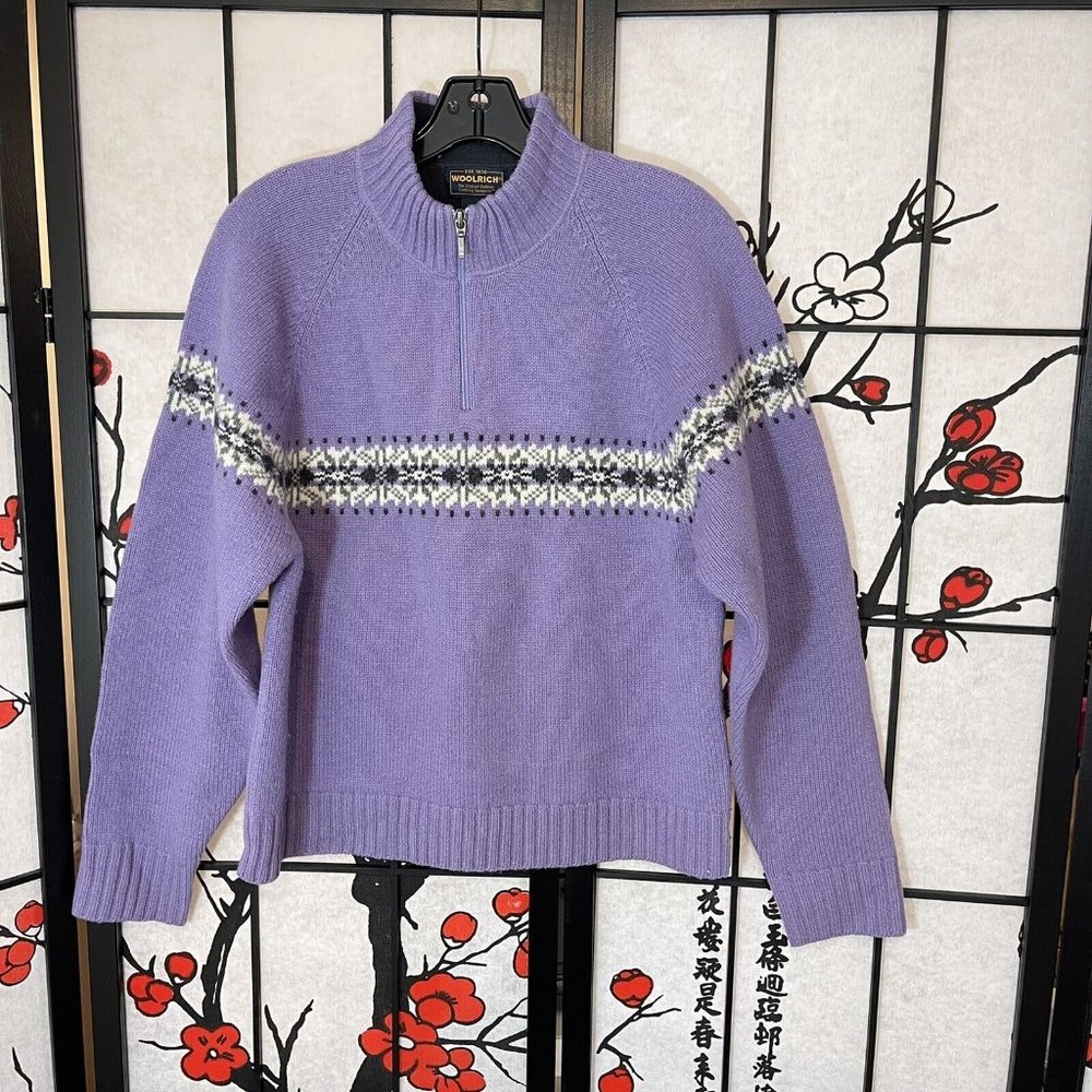 Vintage Woolrich Womens Sweater Size M 100% Lambs Wool Fair Isle Nordic 1/4 Zip